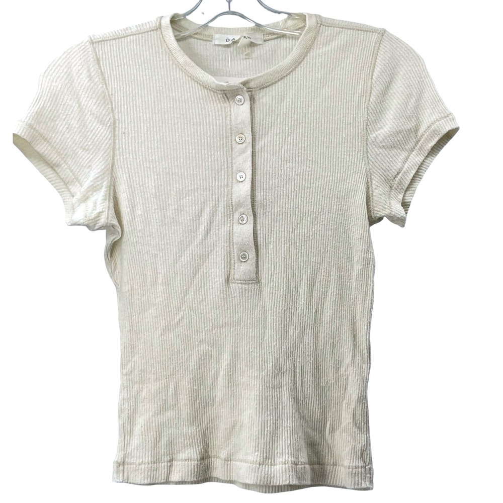 DOEN Women Top Henley Short Sleeve Cream Cotton Small